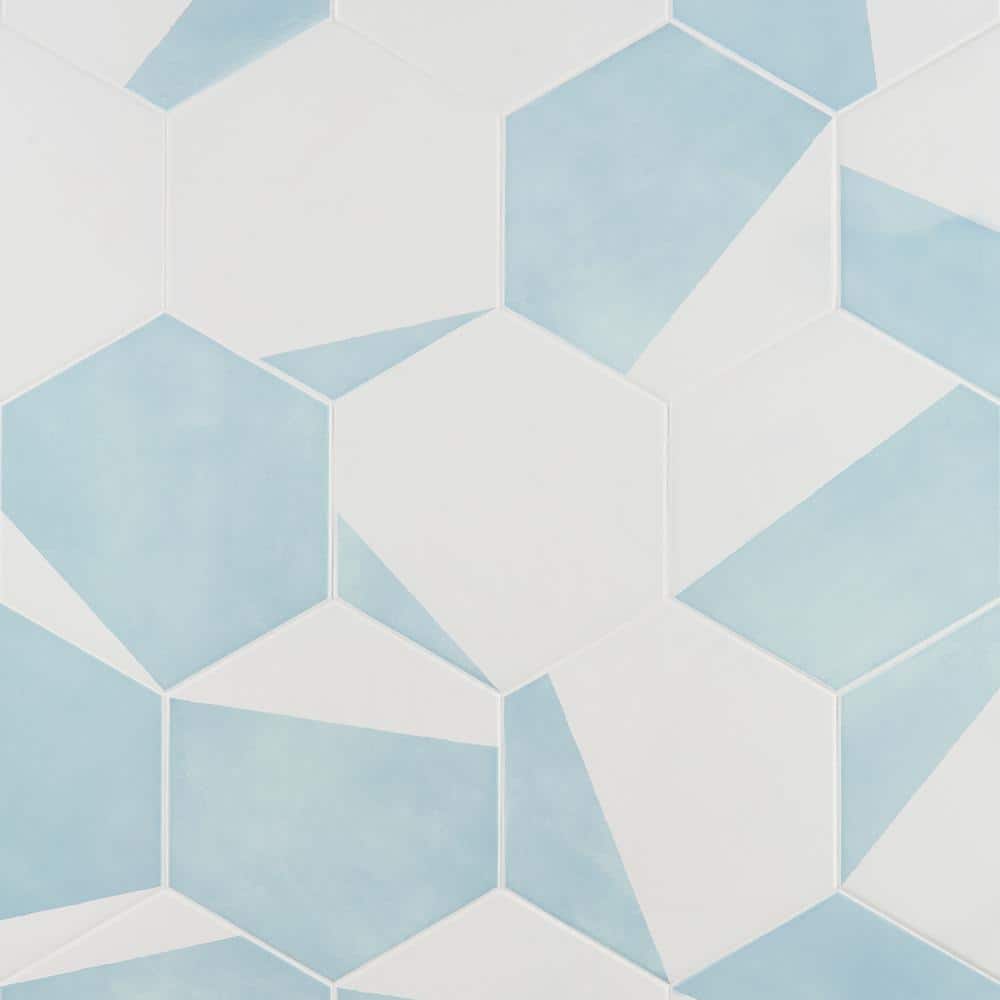 GeoHex Turquoise and White 8" Matte Porcelain Hexagon Tile