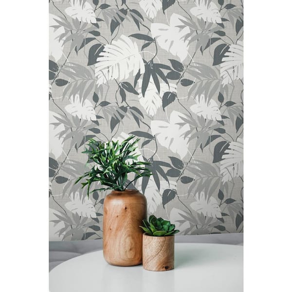 Tropical Forest Leaves Grey, DarkGreyandWhite PaperandYarn Non-Pasted Wet Removable Wallpaper Roll (Cover 60.75 sq. ft.)