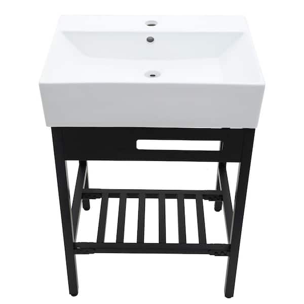 24 in. White Rectangular Freestanding Ceramic Bathroom Console Sink with Metal Leg