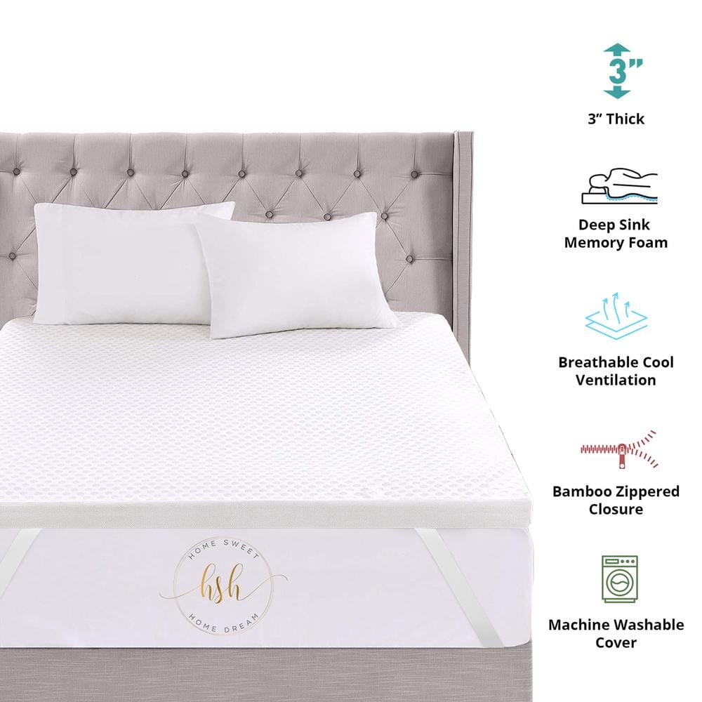 King Size Plush White Memory Foam Mattress Topper with Bamboo Cover
