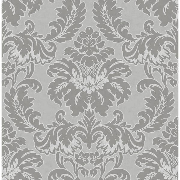 Brewster Home Fashions Windsor Grey Damask Strippable Non-Woven Paper Wallpaper
