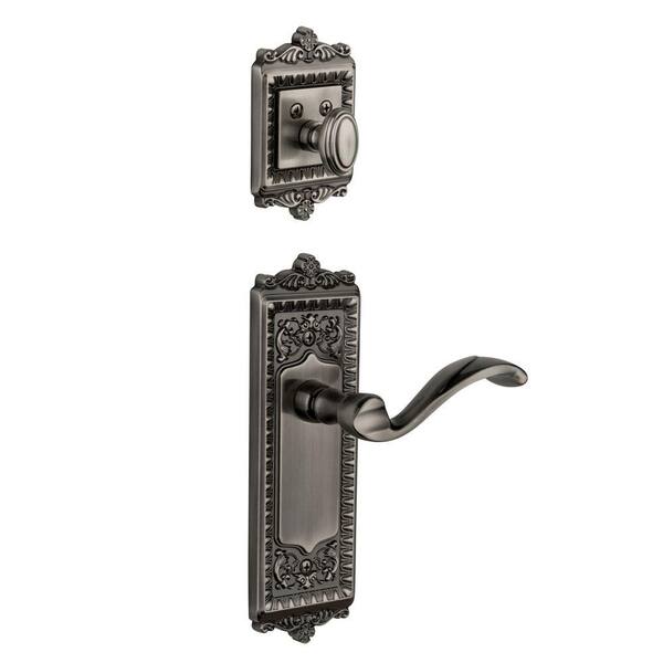 Grandeur Windsor Single Cylinder Antique Pewter Combo Pack Keyed Differently with Portofino Lever and Matching Deadbolt