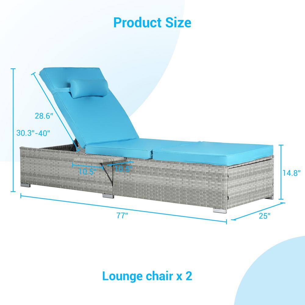 Gray Wicker Outdoor Chaise Lounge Set with Lake Blue Cushions
