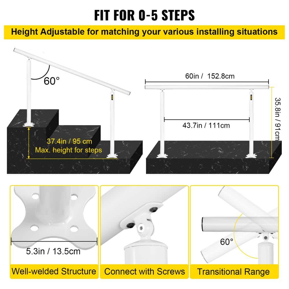 White Aluminum Adjustable Outdoor Stair Handrail for 0-5 Steps