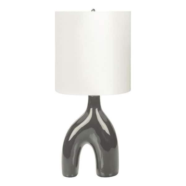 25 in. Gray Ceramic Modern Table Lamp with Two-Leg Sculptural Base and Oval Ivory Fabric Shade for Living Room, Office