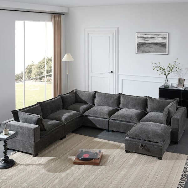 Luxury Collection 117.5 in. Square Arm 7-Piece U-Shaped Chenille Modular Sectional Sofa in Gray with Storage Ottoman