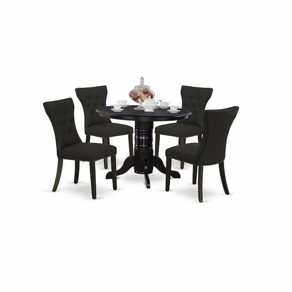 5-Piece Round Black Finish Solid Wood Top Dining Table with 4 Upholstered Chairs with Lattice Back