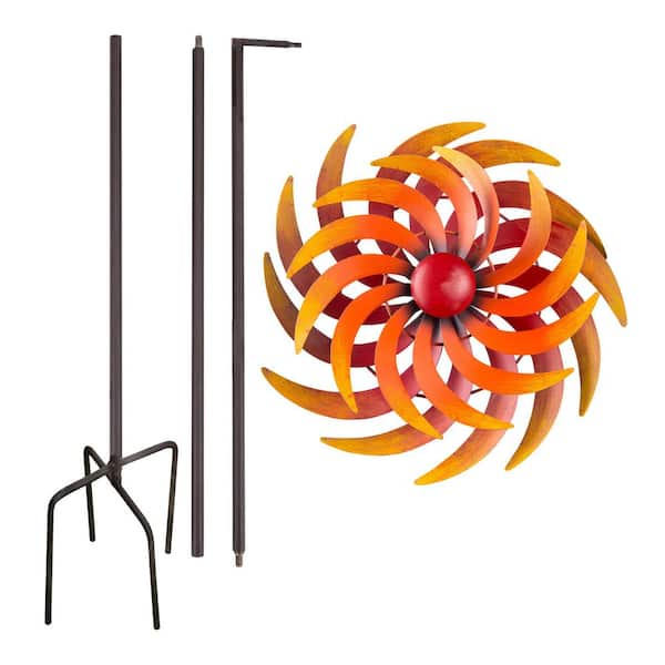 75 in. Tall Outdoor Dual Metal Rustic Garden Kinetic Wind Spinner Stake, Red and Orange
