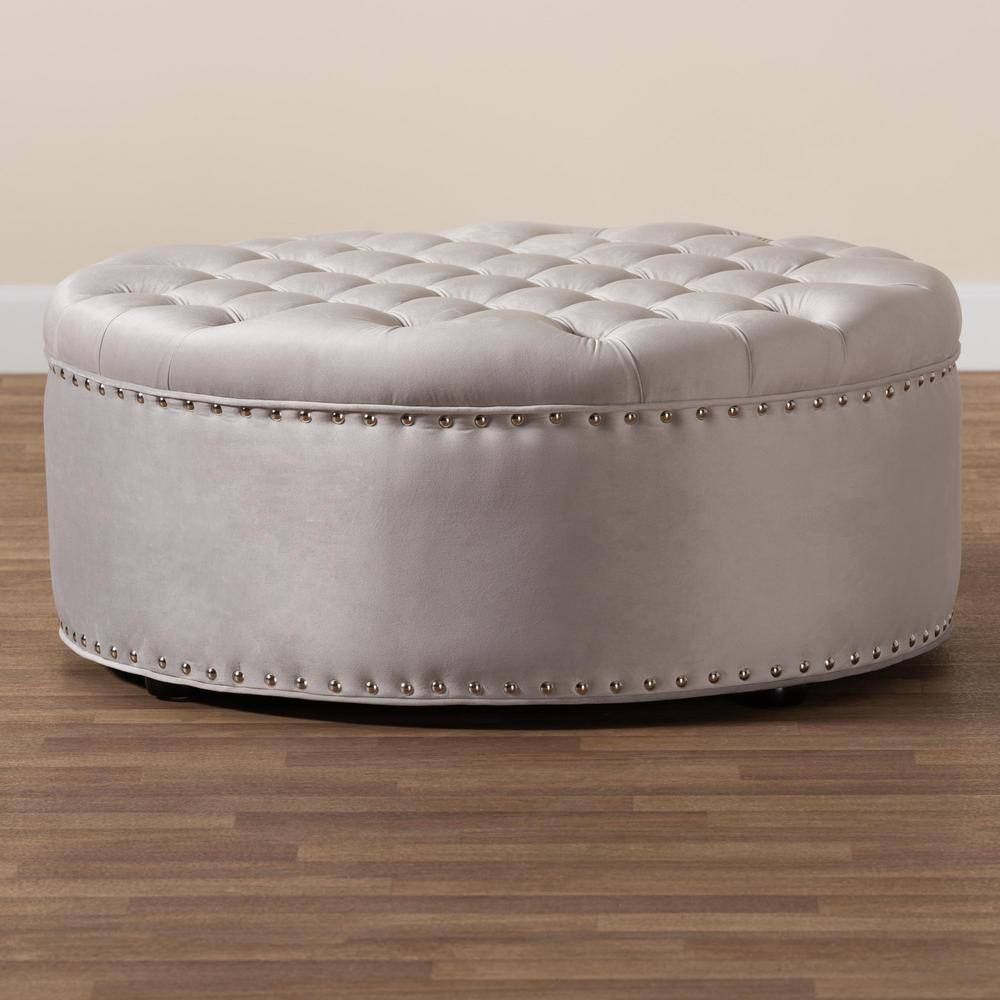 Light Gray Velvet Tufted Round Ottoman with Eucalyptus Frame