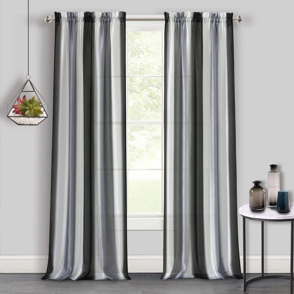 Black and Silver Polyester Rod Pocket Light-Filtering Curtain Panel