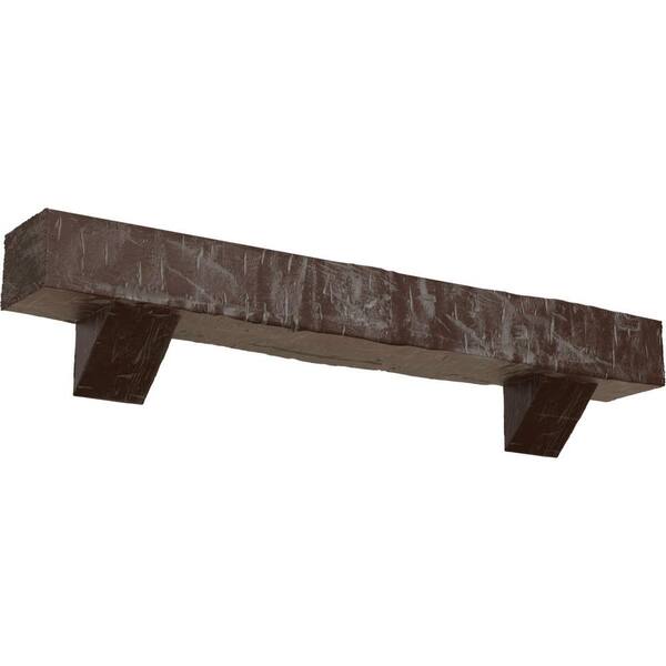 Ekena Millwork 4 in. x 4 in. x 5 ft. Hand Hewn Faux Wood Fireplace Mantel Kit, Breckinridge Corbels, Aged Pecan