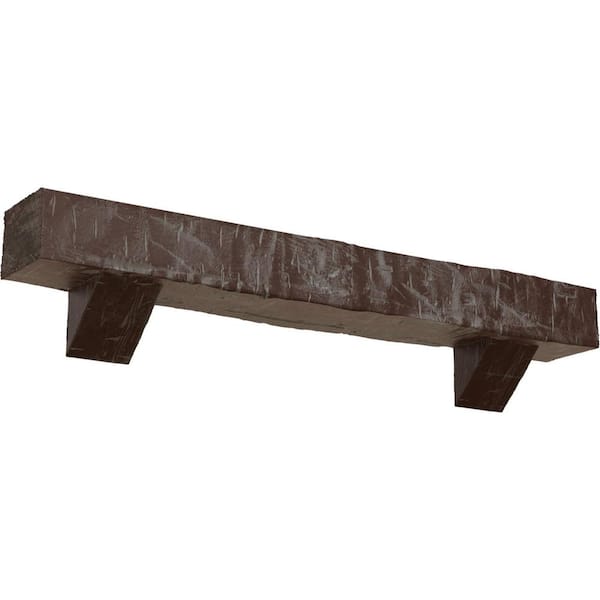 Ekena Millwork 4 in. x 4 in. x 6 ft. Hand Hewn Faux Wood Fireplace Mantel Kit with Breckinridge Corbels, Aged Pecan