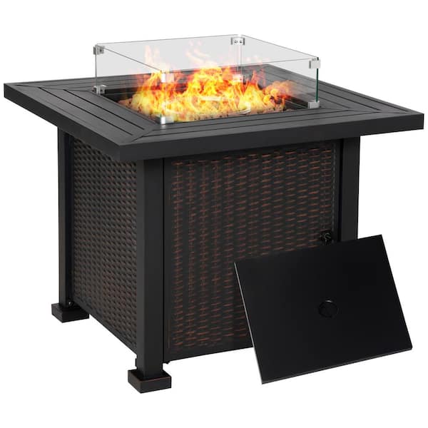34 in. 50,000-BTU Square Steel  Outdoor Patio Fire Pit Table with Glass Wind Guard, Lid, Lava Rocks in Black