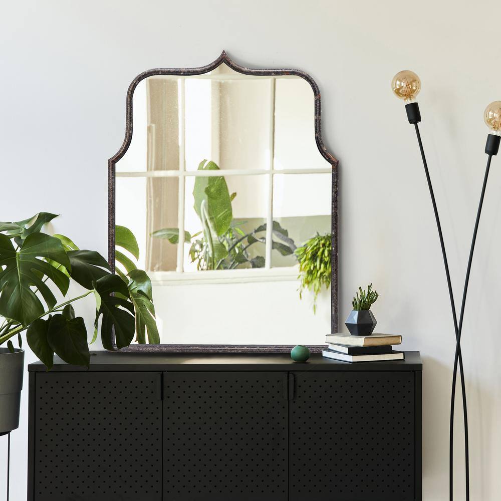 Distressed Black Arched Metal Framed Wall Mirror