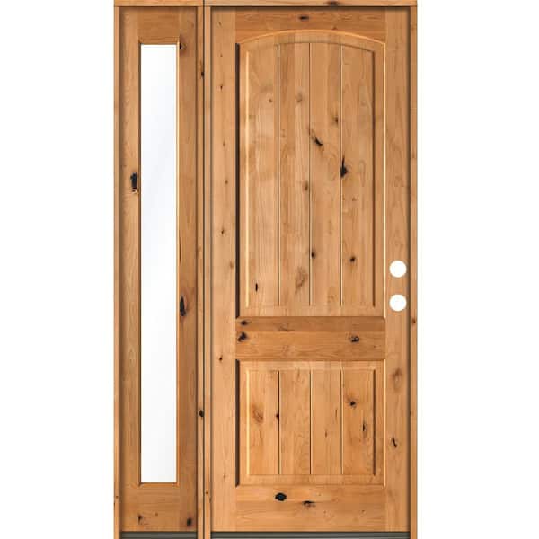 Krosswood Doors 44 in. x 96 in. Rustic knotty alder Sidelite 2 Panel Left-Hand/Inswing Clear Glass Clear Stain Wood Prehung Front Door