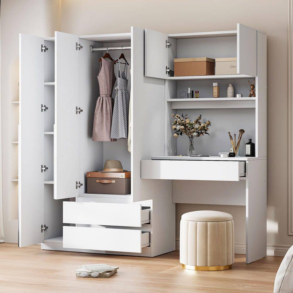 3-Doors White Wood 72.9 in. Wardrobe Armoire Closet with Storage Desk and 3 Drawers