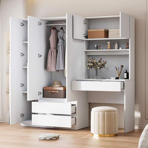 3-Doors White Wood 72.9 in. Wardrobe Armoire Closet with Storage Desk and 3 Drawers