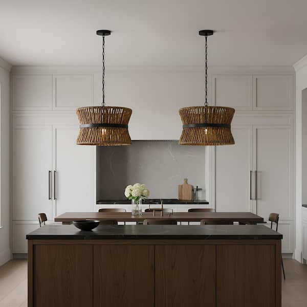 Thurlo 14.25 in. W x 9.5 in. H 2-Light Midnight Black Transitional Pendant Light with Natural Abaca Rope Steel Shade