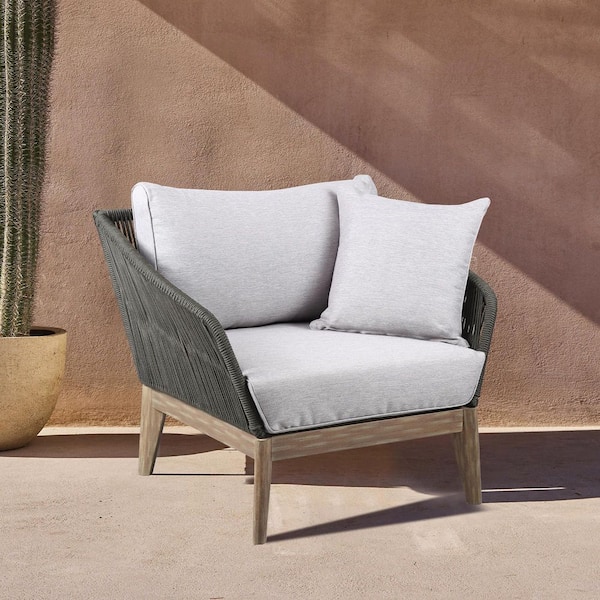 Athos Cushioned Eucalyptus Wood Indoor Outdoor Club Chair in Light with Latte Rope and Grey Cushions