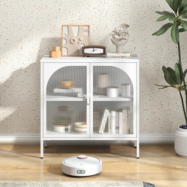 FUNKOL 31.5 in. x 13.8 in. x 31.5 in. White Metal Storage Cabinet w/2 Glass Cabinet-Doors and Adjustable Shelves Holds 200 lbs.