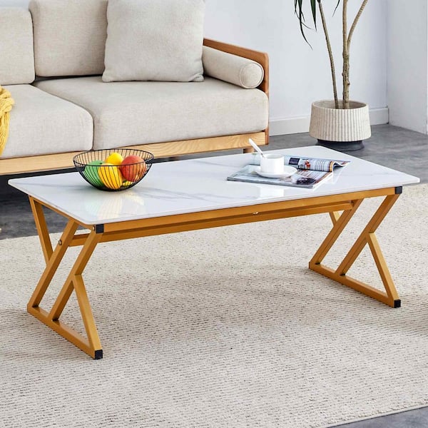 Modern 47 in. White/Gold Rectangle Stone Coffee Table