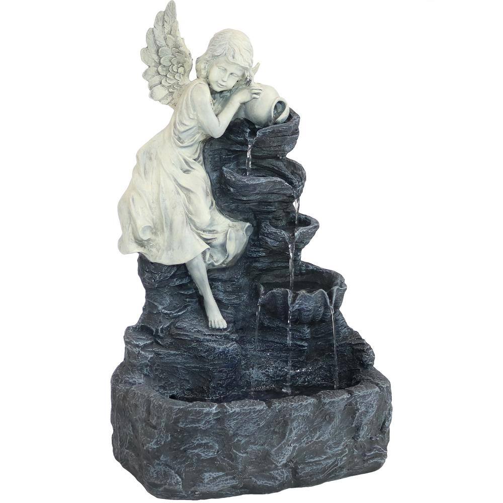 Angel Falls Gray Polyresin Solar Water Fountain with LED Light