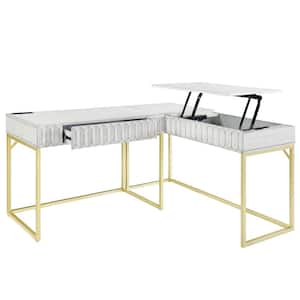 Gotheimer 56.75 in. L-Shaped Antique White and Gold Writing Desk Set with Lift-Top