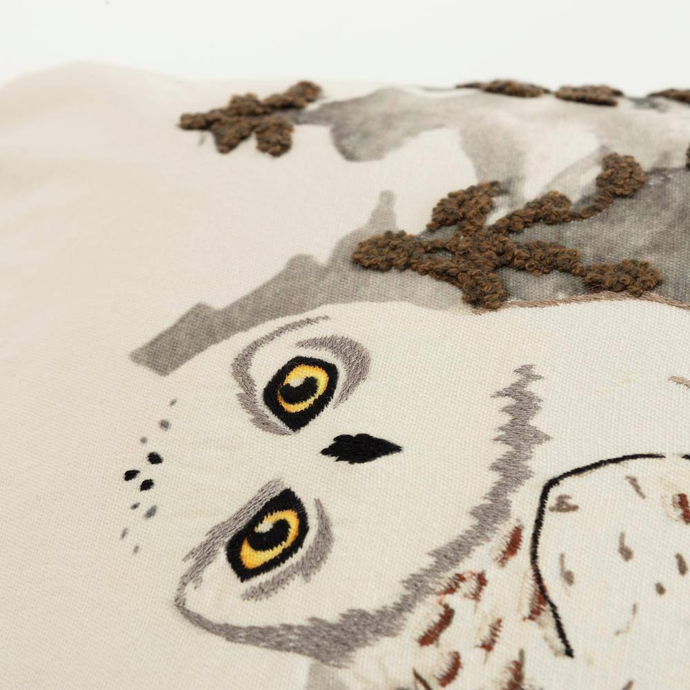Ivory and Gray Embroidered Cotton Owl Throw Pillow 20" x 20"