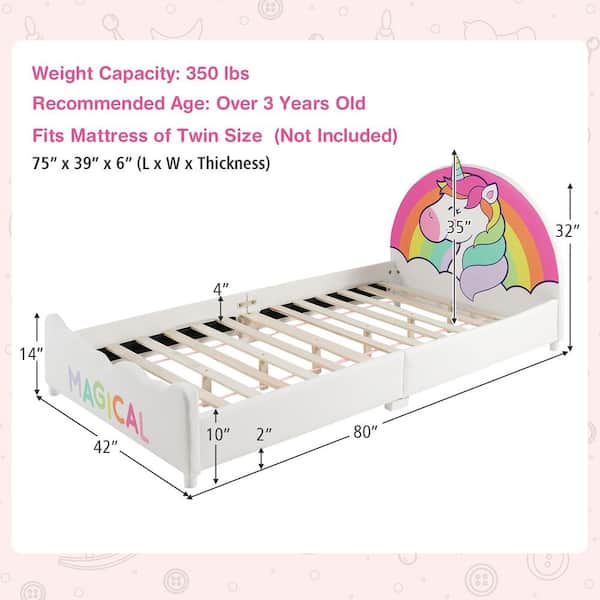 Costway White Kids Upholstered Platform Bed Children Twin