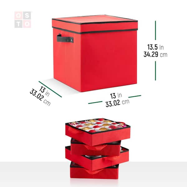 OSTO 13.5 in. Red Vinyl Plastic Ornament Storage Box (64-Ornaments)