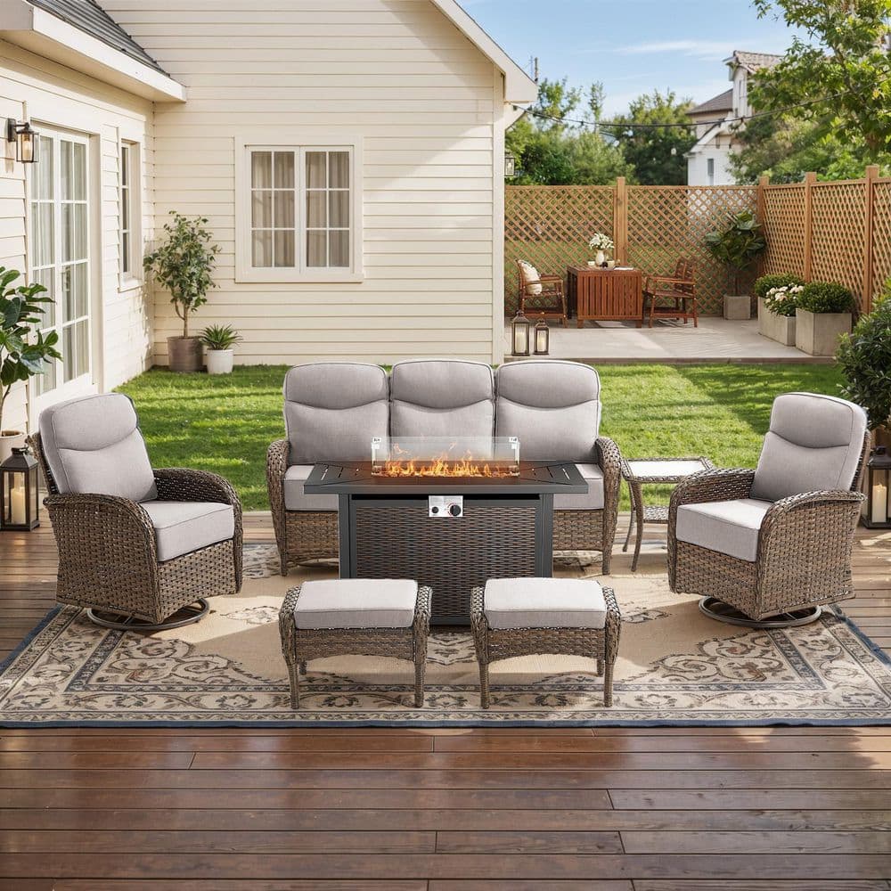 Moonridge 7-Piece Brown Wicker Fire Pit Conversation Set with 6 In. Olefin Beige Cushions / Metal Fire Pit Table price history on PriceWatchPro