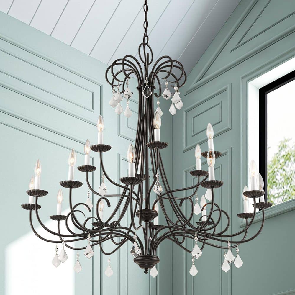 Daphne English Bronze 18-Light Chandelier with Teardrop Crystals