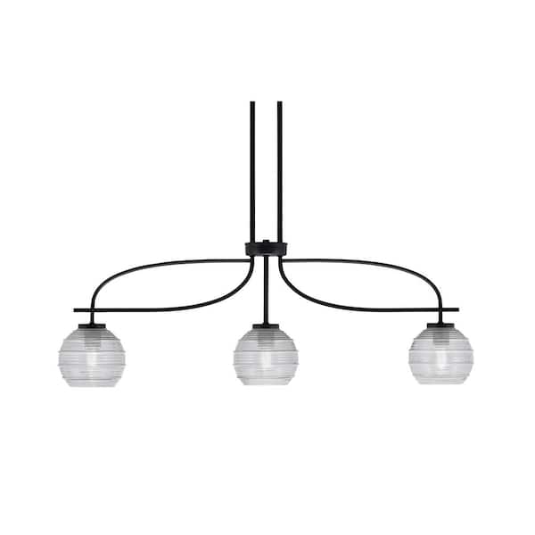 Unbranded Olympia 3-Light Matte Black Billiard Light with 5 in. Clear Ribbed Glass Shades, no blulbs included