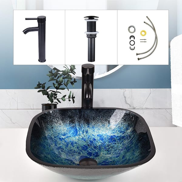 Puluomis Glass Square Vessel Sink in Ocean Blue