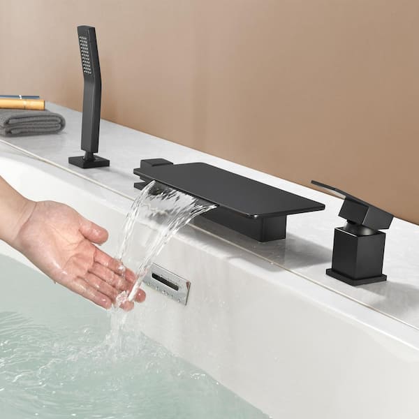 Ami Single-Handle Four Hole Tub Deck Mount Roman Tub Faucet with Hand Shower in Matte Black