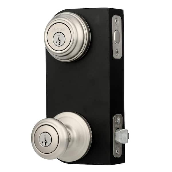 Kwikset Cameron - Pomo de puerta de entrada con cerradura y llave, manija  segura con llave exterior, entrada frontal y dormitorio, níquel satinado