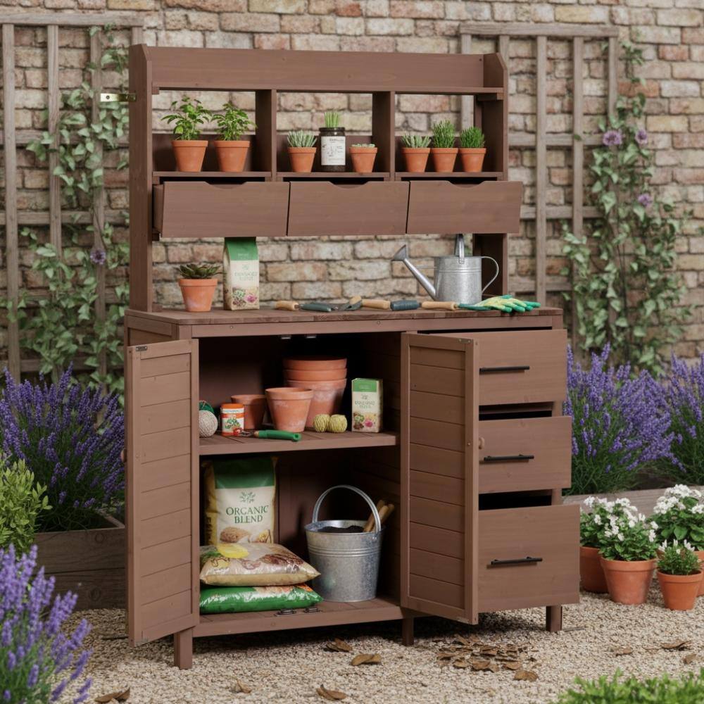 44.6 in.W x19.5 in.D Brown Wood Potting Bench with Drawers, Bottom Cabinet price history on PriceWatchPro