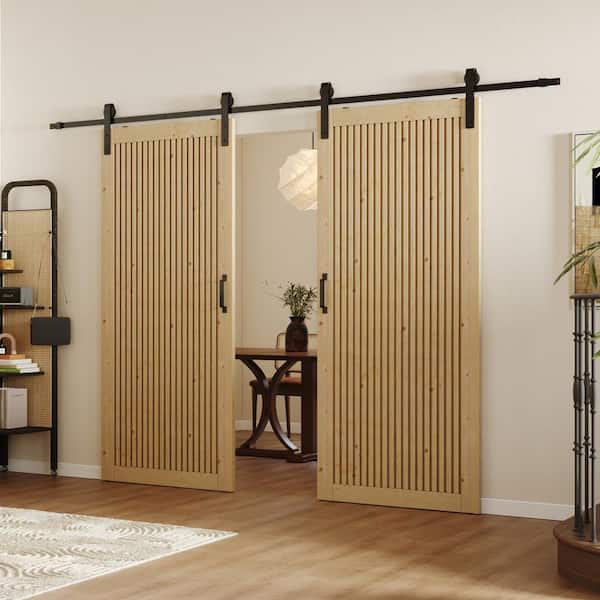 30 in. x 84 in., Light Brown, Paneled, Fluted, Painted, MDF Sliding Barn Door with Hardware Kit