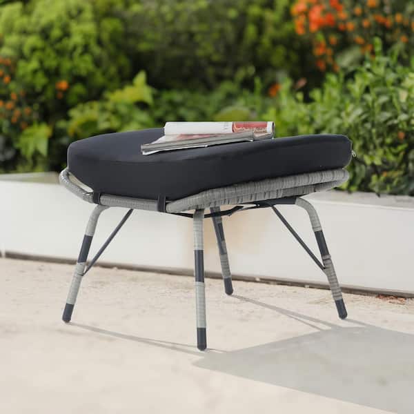 SANSTAR Gray Wicker All Weather Rattan Outdoor Ottoman with Removable Black Cushions