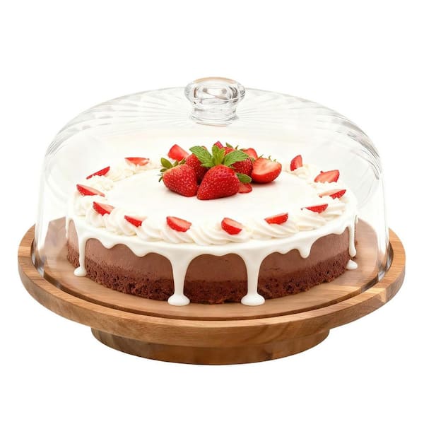 Brown 1-Tier Acacia Wood Round Cake Stand with Lid, Acrylic Cake Stand for Wedding, Birthday, Parties, Kitchen Baking