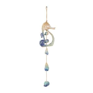 21 in. Blue Ceramic Sea Horse Ombre Windchime with Jute Rope and Hanging Seashell Accents