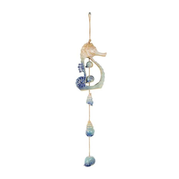 Litton Lane 21 in. Blue Ceramic Sea Horse Ombre Windchime with Jute Rope and Hanging Seashell Accents