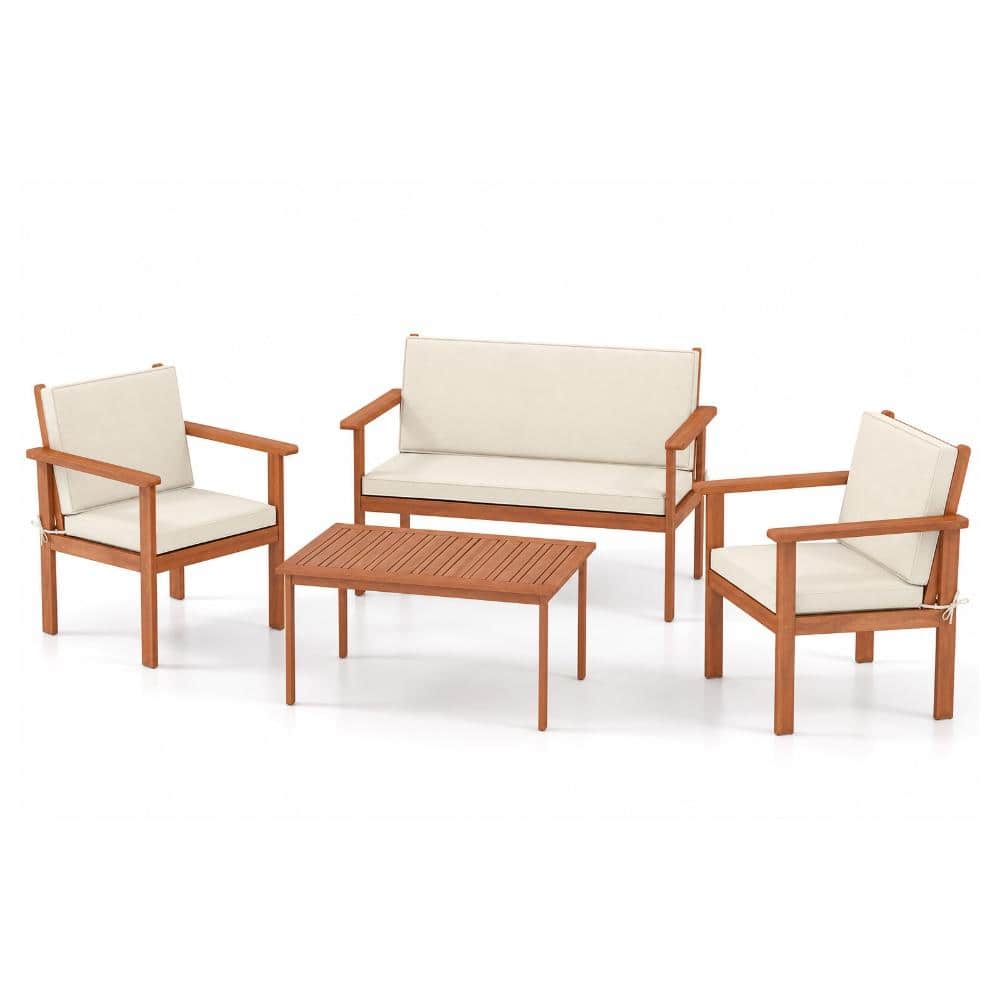 4-Piece Acacia Wood Outdoor Patio Conversation Set with Coffee Table and Cushions, White price history on PriceWatchPro