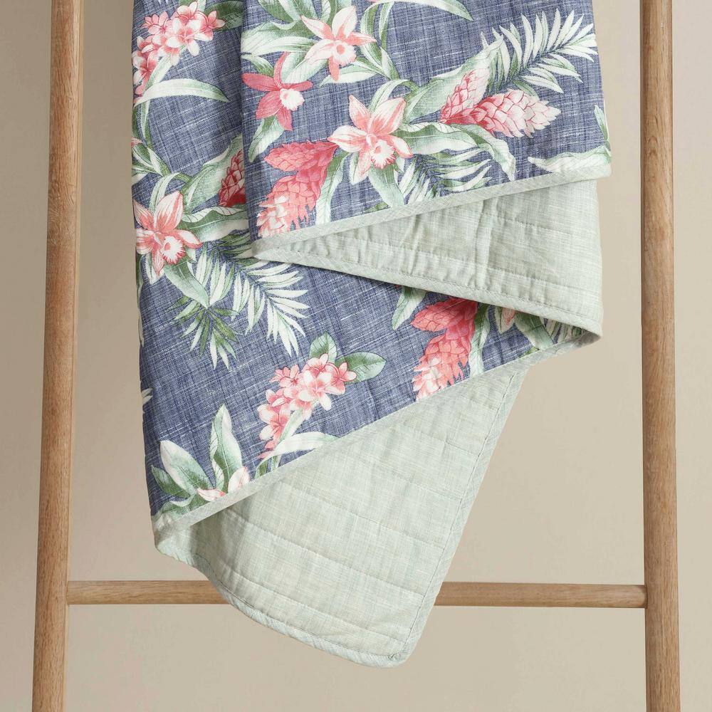 Navy Cotton Reversible Twin Quilt Set with Floral Design