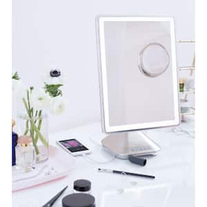 10.24 in. x 16.35 in. Lighted Magnifying Bluetooth Handheld Makeup Mirror in Silver Nickel