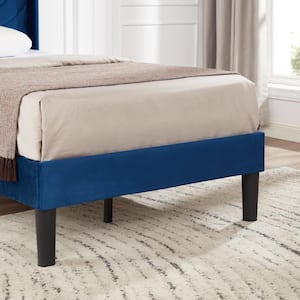 Upholstered Bed Frame Twin Blue Metal Bed Frame with Fabric Headboard, Wooden Slats Support