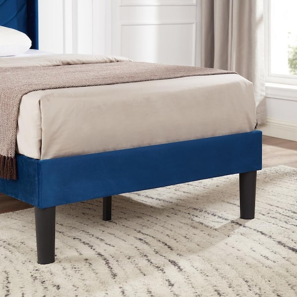 Upholstered Bed Frame Twin Blue Metal Bed Frame with Fabric Headboard, Wooden Slats Support