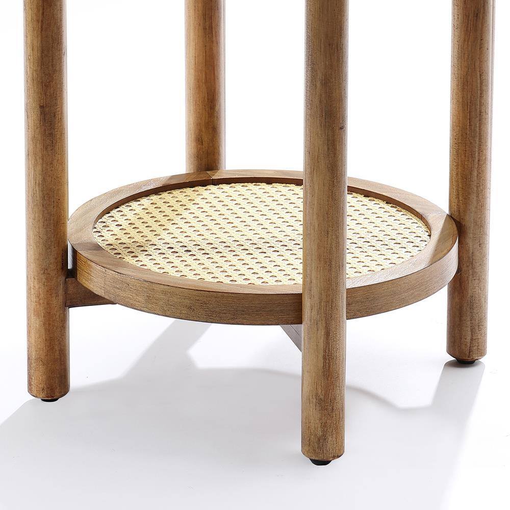 Chestnut Finish Pine and MDF Round Table with Rattan Shelf