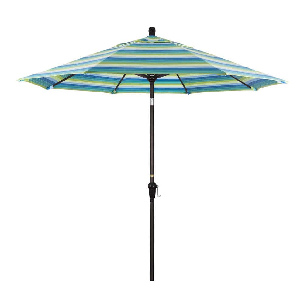 9 ft. Bronze Aluminum Pole Market Aluminum Ribs Auto Tilt Crank Lift Patio Umbrella in Seville Seaside Sunbrella price history on PriceWatchPro
