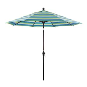 9 ft. Bronze Aluminum Pole Market Aluminum Ribs Auto Tilt Crank Lift Patio Umbrella in Seville Seaside Sunbrella